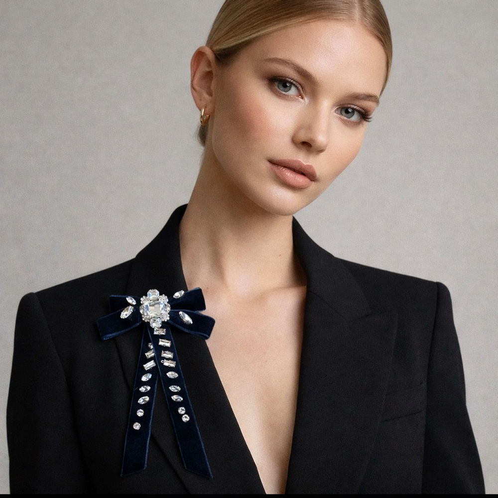 navy blue and Silver Crystal Bow Hair Clip